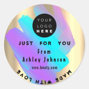 Sticker Rond Merci Logo Holographe Fabriqué Avec Love Gold Blue