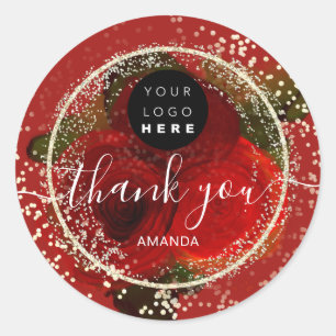 Sticker Rond Merci Logo or Rose Parties scintillant noire Rouge