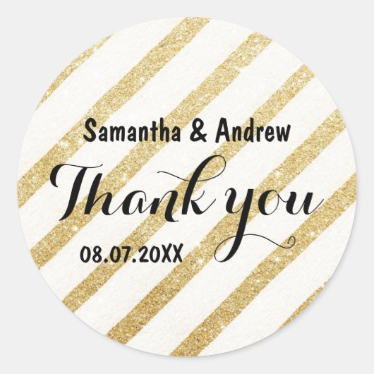 Sticker Rond Merci mariage à rayures dorées à brosse moderne (Devant)