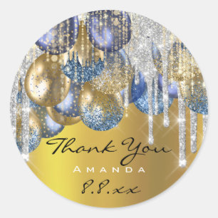 Sticker Rond Merci Mariage Anniversaire Ballons Blue Silver Gol