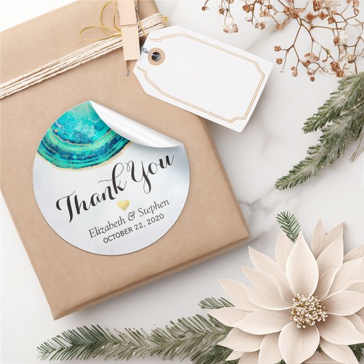 Sticker Rond Merci mariage Aquarelle Turquoise Gold Agate Géode