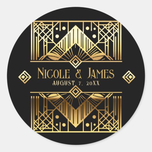 Sticker Rond Merci Mariage Art déco noir & or (Devant)
