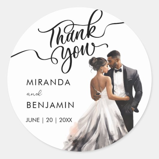 Sticker Rond Merci Mariage Black Bride Groom Aquarelle (Devant)