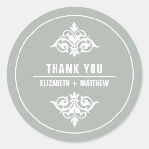 Sticker Rond Merci Mariage blanc vintage gris ornemental