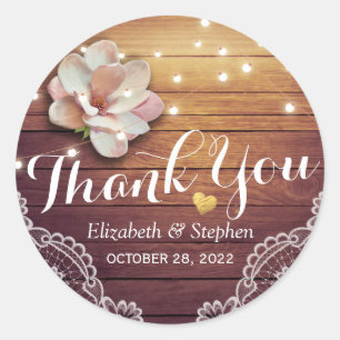 Sticker Rond Merci mariage Bois rustique Lumières à cordes flor