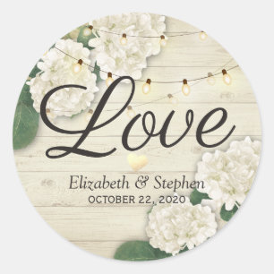 Sticker Rond Merci mariage Bois rustique Lumières à cordes flor