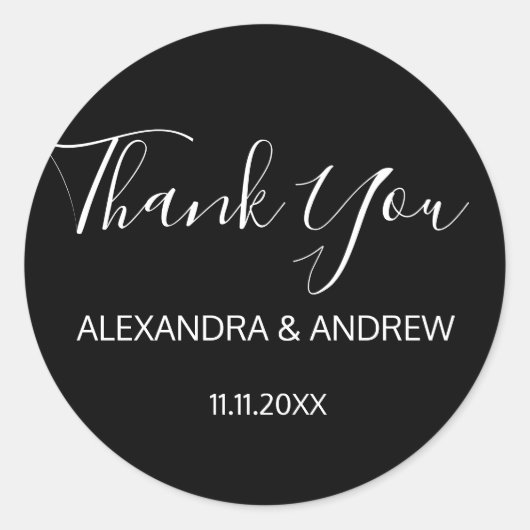 Sticker Rond Merci Mariage classique en noir et blanc (Devant)