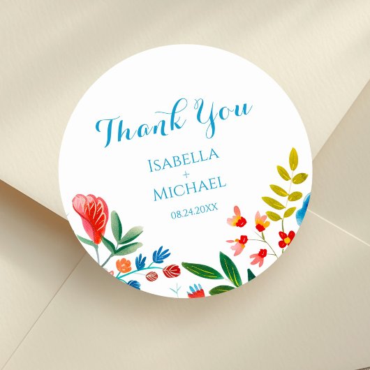 Sticker Rond Merci Mariage couleur Fleur sauvage aquarelle