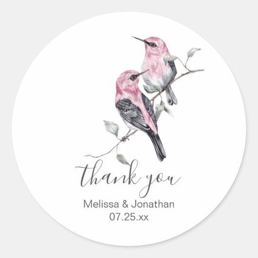 Sticker Rond Merci Mariage de colibri rose et gris (Devant)