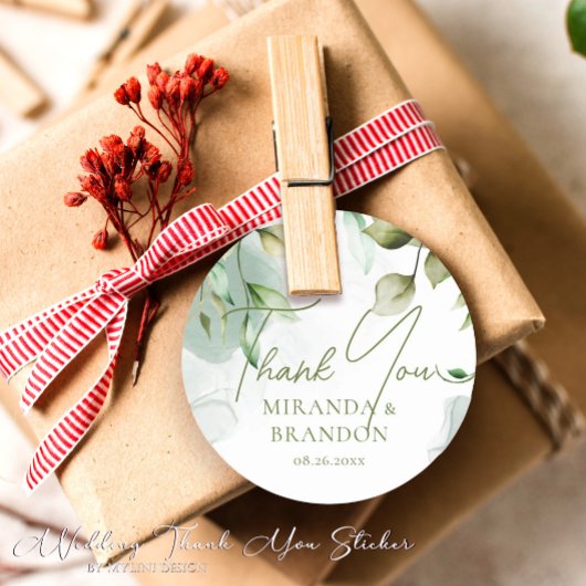 Sticker Rond Merci Mariage de feuillage de feuillage vert Sage