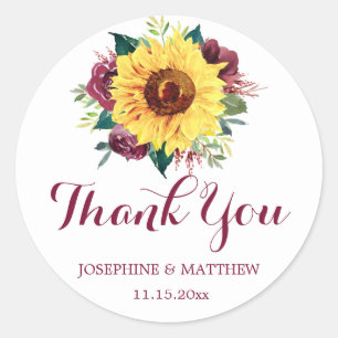 Sticker Rond Merci Mariage de fleurs de tournesol d'aquarelle