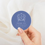 Sticker Rond Merci Mariage de la crête Vintage royale bleu<br><div class="desc">Ce beau design fait partie d'une belle collection ! Doté d'un cadre vintage délicat et d'un texte élégant.</div>