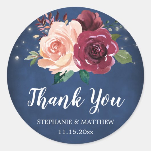 Sticker Rond Merci Mariage de la marine Blush Bourgogne (Devant)