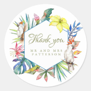 Sticker Rond Merci Mariage de l'île aux perroquets tropicaux