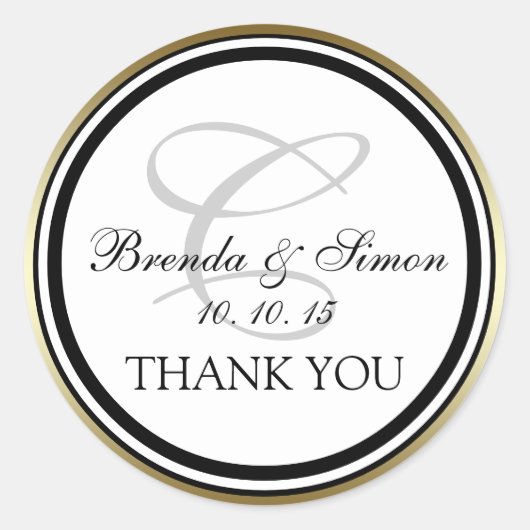 Sticker Rond Merci Mariage de Monogramme C noir or (Devant)