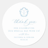 Sticker Rond Merci Mariage de monogramme de crête bleu clair (Devant)