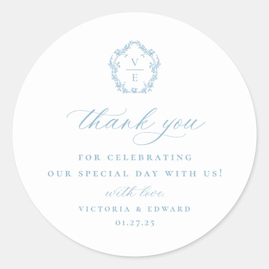 Sticker Rond Merci Mariage de monogramme de crête bleu clair (Devant)