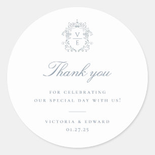 Sticker Rond Merci Mariage de monogramme de crête bleu poussiér
