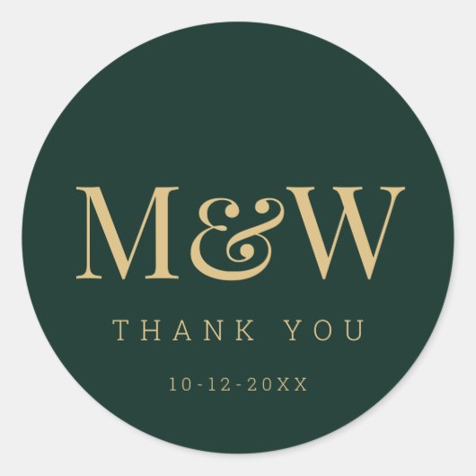 Sticker Rond Merci Mariage de Monogramme d'or vert moderne (Devant)