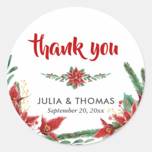 Sticker Rond Merci Mariage de Noël Rouge Poinsettia