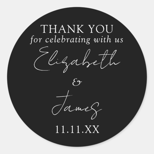 Sticker Rond Merci Mariage de script noir et blanc élégant (Devant)