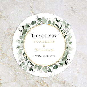 Sticker Rond Merci Mariage Eucalyptus Green Sage Or