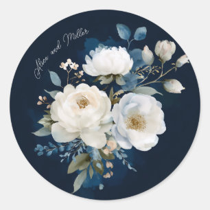 Sticker Rond Merci Mariage floral bleu et blanc