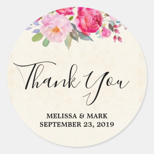 Sticker Rond Merci Mariage frontalier rose rose et pivoine  (Devant)