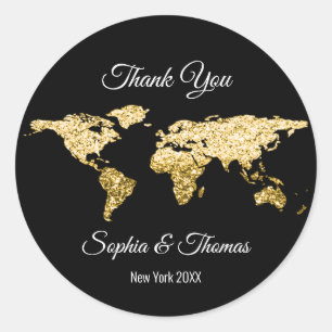 Sticker Rond Merci Mariage Golden World Destination Carte Black