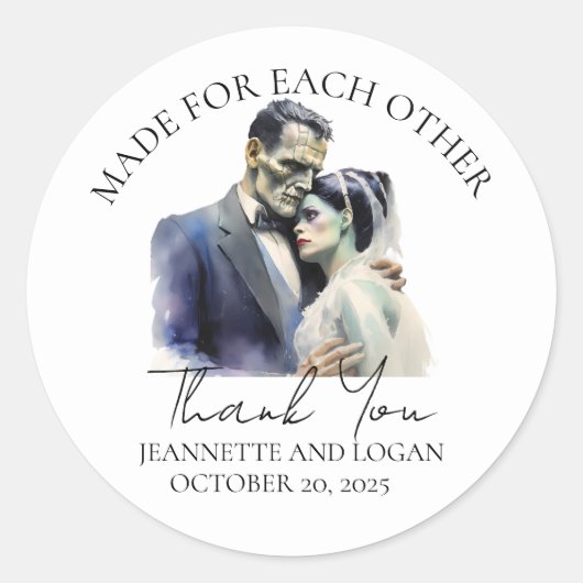 Sticker Rond Merci Mariage Halloween Bride Frankenstein (Devant)