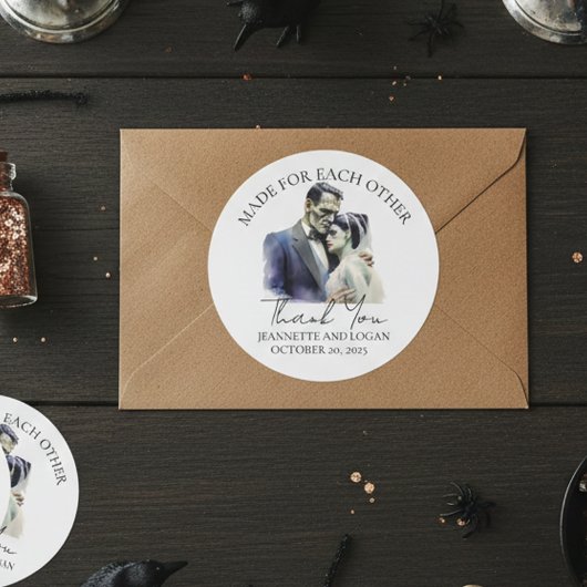 Sticker Rond Merci Mariage Halloween Bride Frankenstein