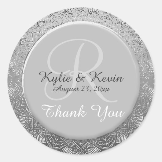 Sticker Rond Merci Mariage Monogram Silver sur mesure (Devant)