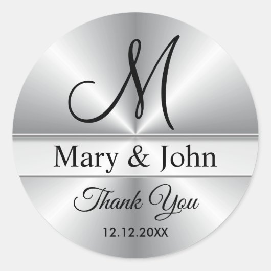 Sticker Rond Merci Mariage Monogramme Argent (Devant)