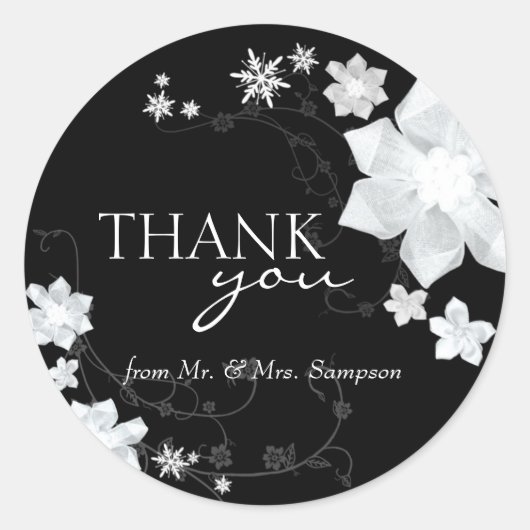 Sticker Rond Merci Mariage noir blanc hiver Floral (Devant)