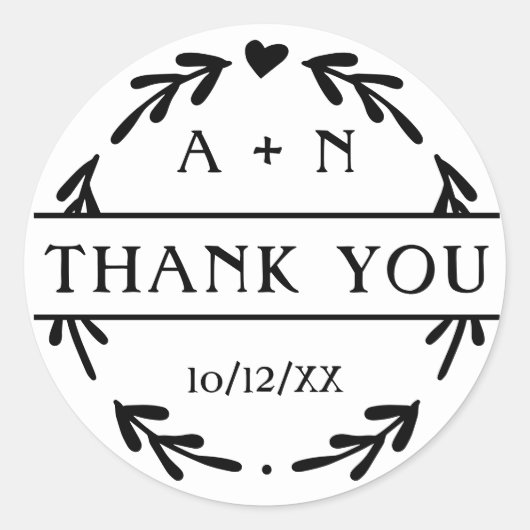 Sticker Rond Merci Mariage noir et blanc simple (Devant)