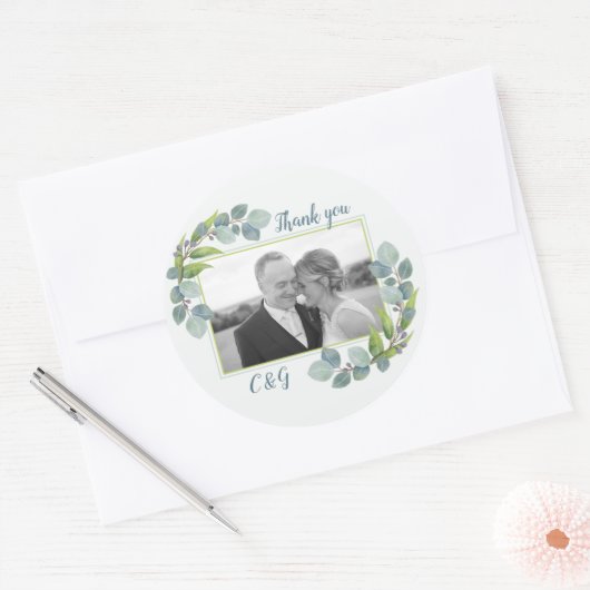 Sticker Rond Merci Mariage photo Eucalyptus (Enveloppe)