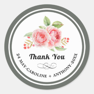 Sticker Rond Merci. Mariage Rose aquarelle