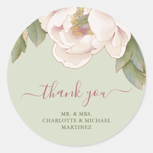 Sticker Rond Merci Mariage Rose de Sage et Blush Peony (Devant)