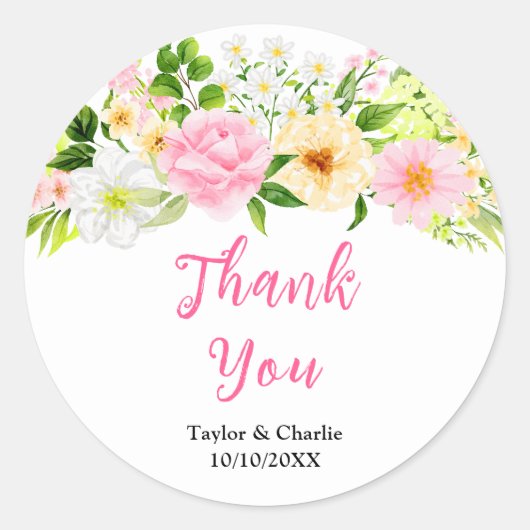 Sticker Rond Merci Mariage rose et jaune (Devant)