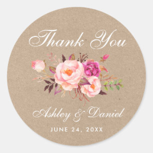 Sticker Rond Merci Mariage rose pâle à fleurs Kraft