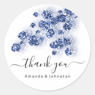 Sticker Rond Merci  Mariage Sweet16th Floral Glitter Bleu Nuit