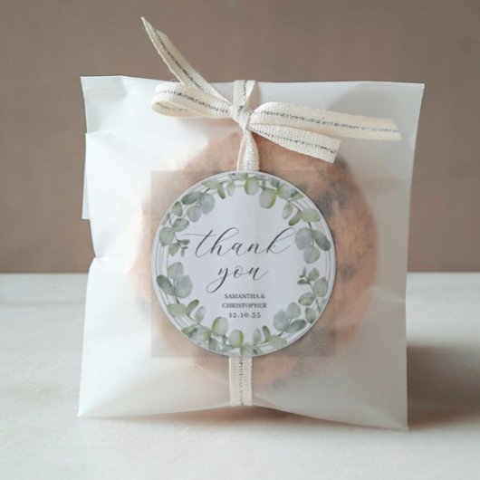 Sticker Rond Merci Mariage vert Eucalyptus rustique Favoriser