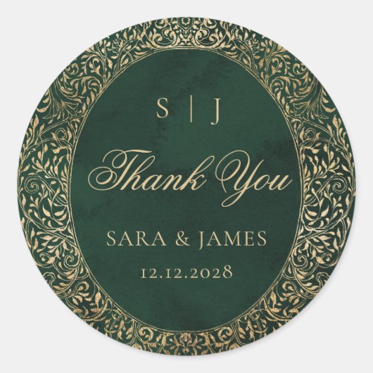 Sticker Rond Merci Mariage victorien orné d'or vert (Devant)