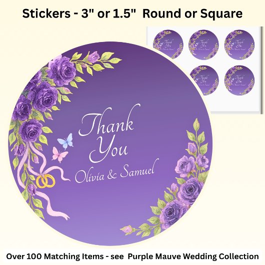 Sticker Rond Merci Mariée, Noms de chambre Fleurs mauves violet