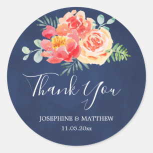Sticker Rond Merci Marine Coral bleu Mariage floral