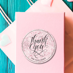 Sticker Rond Merci marque Script blush rose parties scintillant