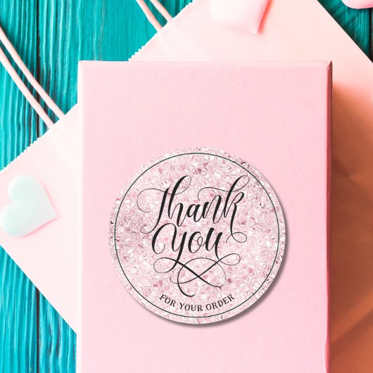 Sticker Rond Merci marque Script blush rose parties scintillant