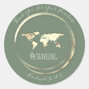 Sticker Rond Merci Mint Gold Carte du monde des voyages Globe