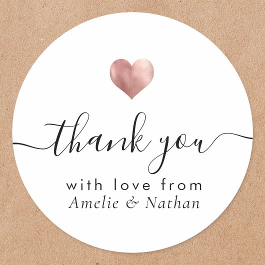 Sticker Rond Merci moderne Script Rose Gold Heart Mariage