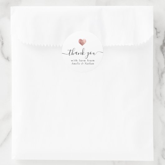Sticker Rond Merci moderne Script Rose Gold Heart Mariage (Sac)